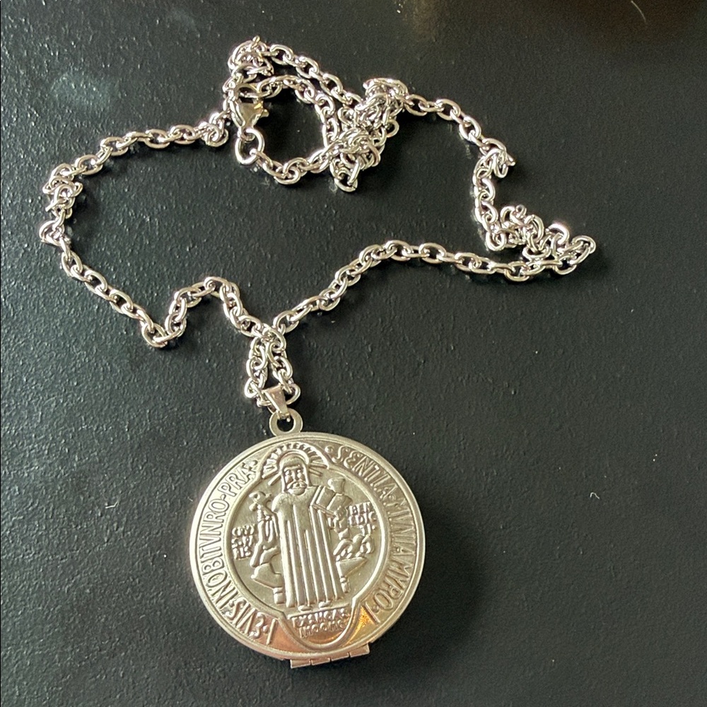 Silver Religious Pendant Necklace Saint Benedict